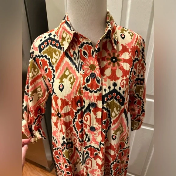 Zara Coral Rust Cream & Black Geo-Floral Maxi Shirt Dress - Picture 2 of 4